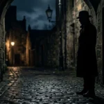landscape shot of a mysterious man’s silhouette standing in a narrow, dark cobblestone alleyway at night