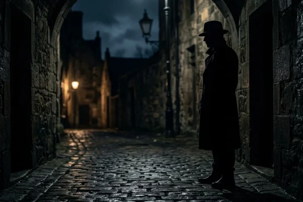 landscape shot of a mysterious man’s silhouette standing in a narrow, dark cobblestone alleyway at night