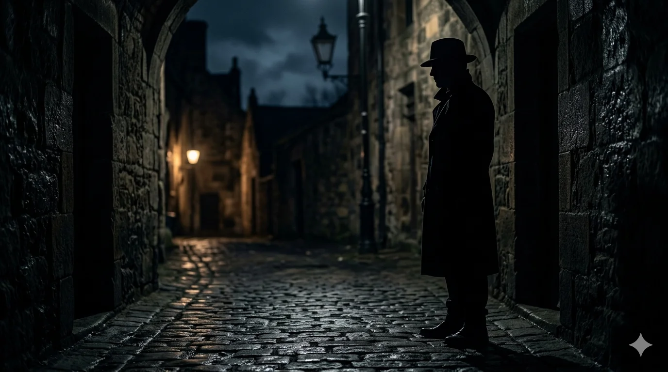 landscape shot of a mysterious man’s silhouette standing in a narrow, dark cobblestone alleyway at night