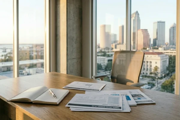 Agustin Stoermann concept image showing a minimalist workspace with documents and a calm professional environment