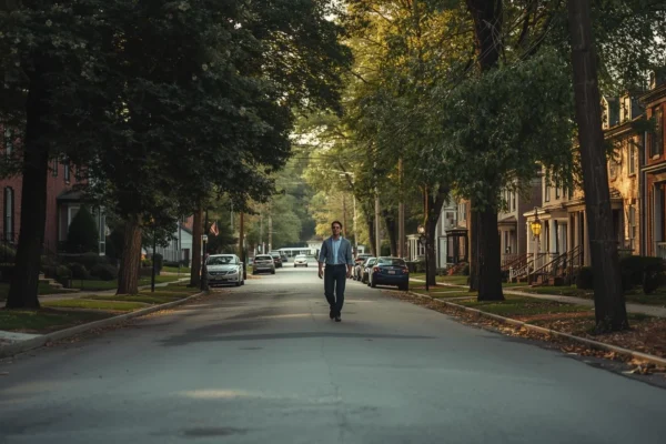 Man walking down a quiet tree-lined street in AnthonyLangone Martinsburg WV neighborhood during golden hour