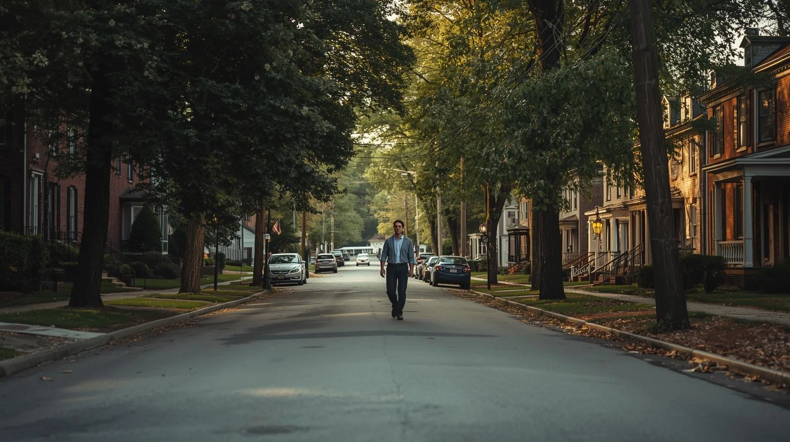 Man walking down a quiet tree-lined street in AnthonyLangone Martinsburg WV neighborhood during golden hour