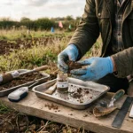 A researcher examining soil in a field representing aylor ommen soil and environmental research context