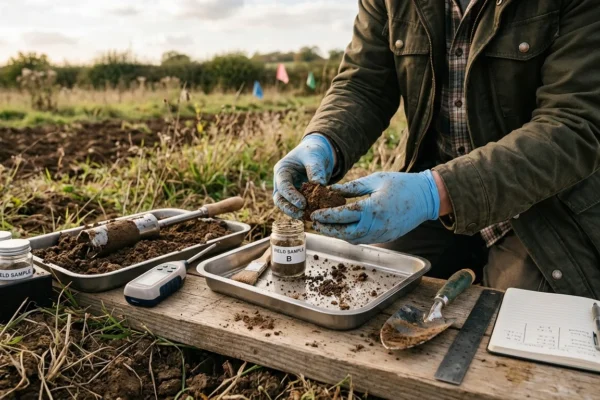 A researcher examining soil in a field representing aylor ommen soil and environmental research context