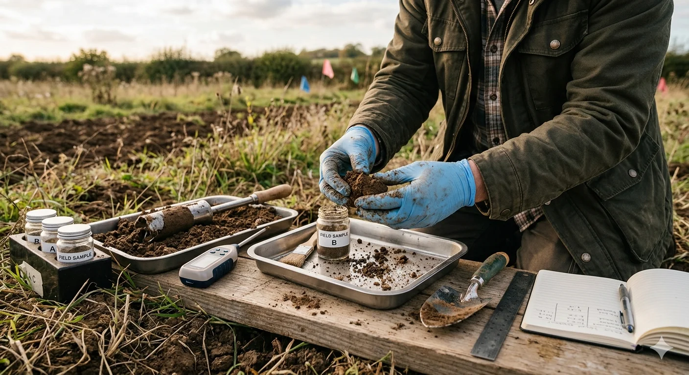 A researcher examining soil in a field representing aylor ommen soil and environmental research context