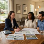 A professional photo of real estate agent Brian Schneider discussing property options with a diverse young couple in a modern, light-filled Texas suburban home interior. They are seated at a wooden table reviewing printed brochures, floor plans, and a tablet, with warm sunlight streaming through a large window