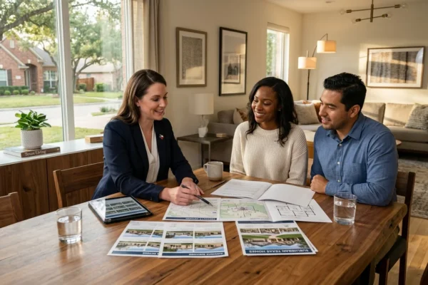 A professional photo of real estate agent Brian Schneider discussing property options with a diverse young couple in a modern, light-filled Texas suburban home interior. They are seated at a wooden table reviewing printed brochures, floor plans, and a tablet, with warm sunlight streaming through a large window