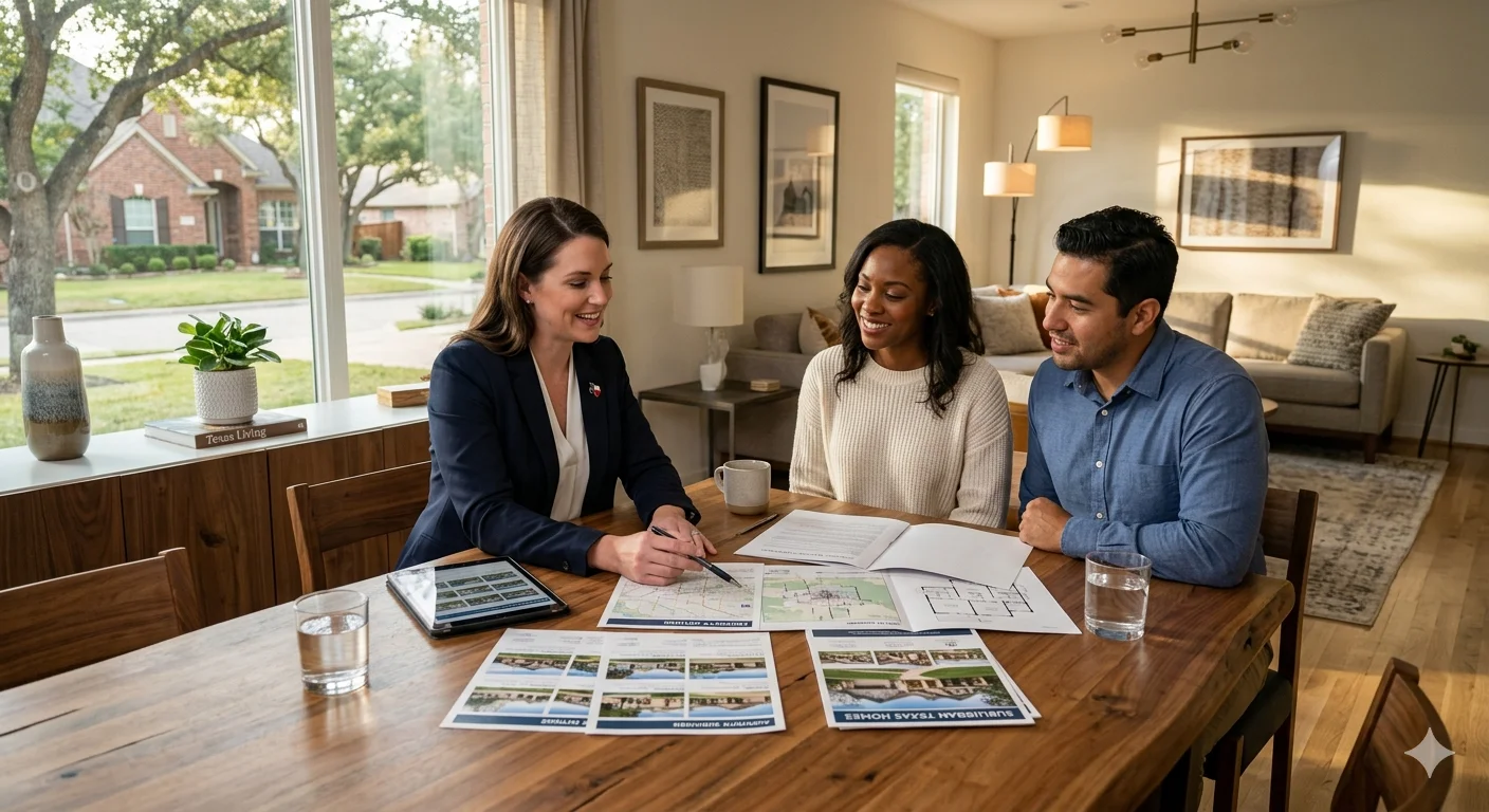 A professional photo of real estate agent Brian Schneider discussing property options with a diverse young couple in a modern, light-filled Texas suburban home interior. They are seated at a wooden table reviewing printed brochures, floor plans, and a tablet, with warm sunlight streaming through a large window