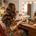 Chebeauty reviews showcasing retro-inspired haircare routine with glossy hair, vintage setup, and visible shine and texture results