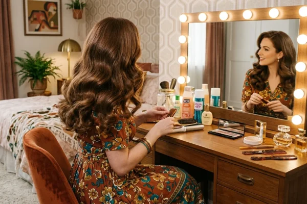 Chebeauty reviews showcasing retro-inspired haircare routine with glossy hair, vintage setup, and visible shine and texture results