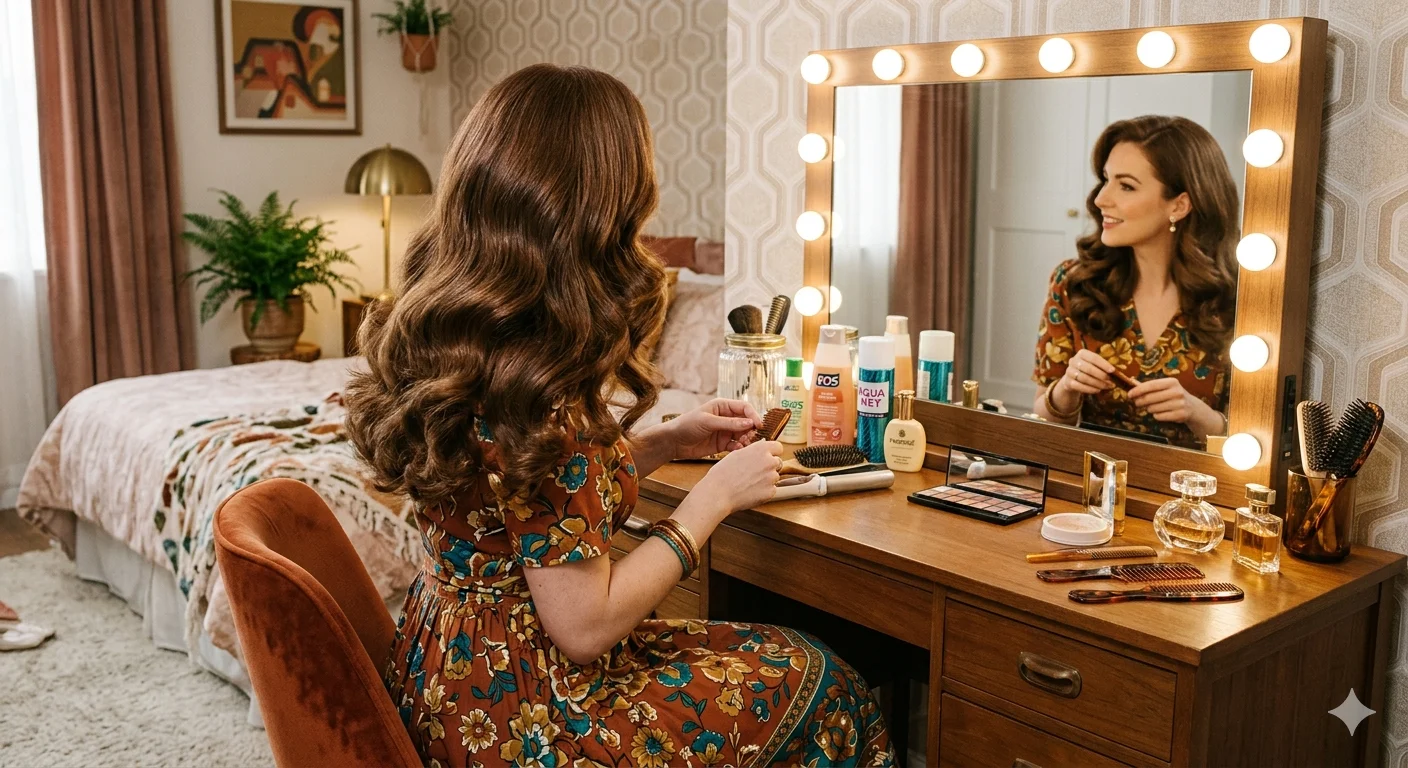Chebeauty reviews showcasing retro-inspired haircare routine with glossy hair, vintage setup, and visible shine and texture results