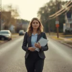 Cheryl Irwin Lancaster PA professional woman walking on a quiet suburban street holding documents at sunset