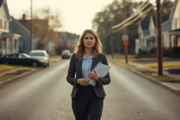 Cheryl Irwin Lancaster PA professional woman walking on a quiet suburban street holding documents at sunset