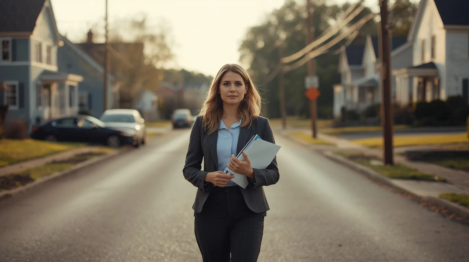 Cheryl Irwin Lancaster PA professional woman walking on a quiet suburban street holding documents at sunset