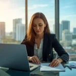 Cristy Garcia Paralegal Miami Bounds Law reviewing legal documents on a laptop in a modern office with city skyline view
