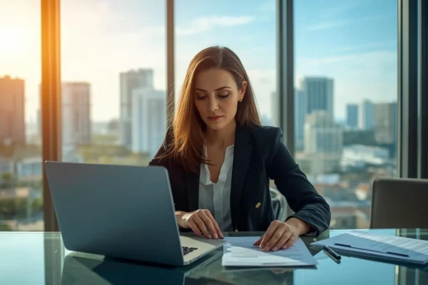 Cristy Garcia Paralegal Miami Bounds Law reviewing legal documents on a laptop in a modern office with city skyline view