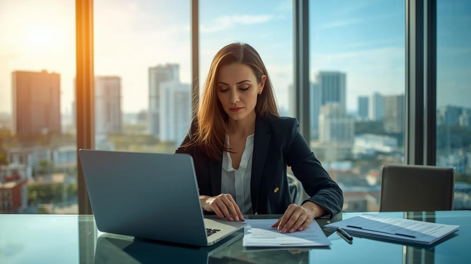Cristy Garcia Paralegal Miami Bounds Law reviewing legal documents on a laptop in a modern office with city skyline view