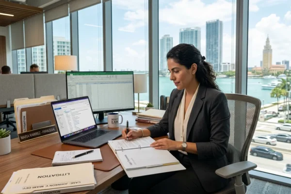 Cristy Garcia Paralegal Miami: Powerful Facts Revealed showing a professional paralegal reviewing legal documents in a modern office