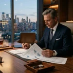 A businessman reviewing financial documents in a modern office representing don baskin net worth and private wealth growth
