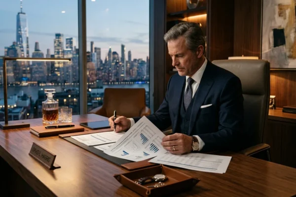 A businessman reviewing financial documents in a modern office representing don baskin net worth and private wealth growth