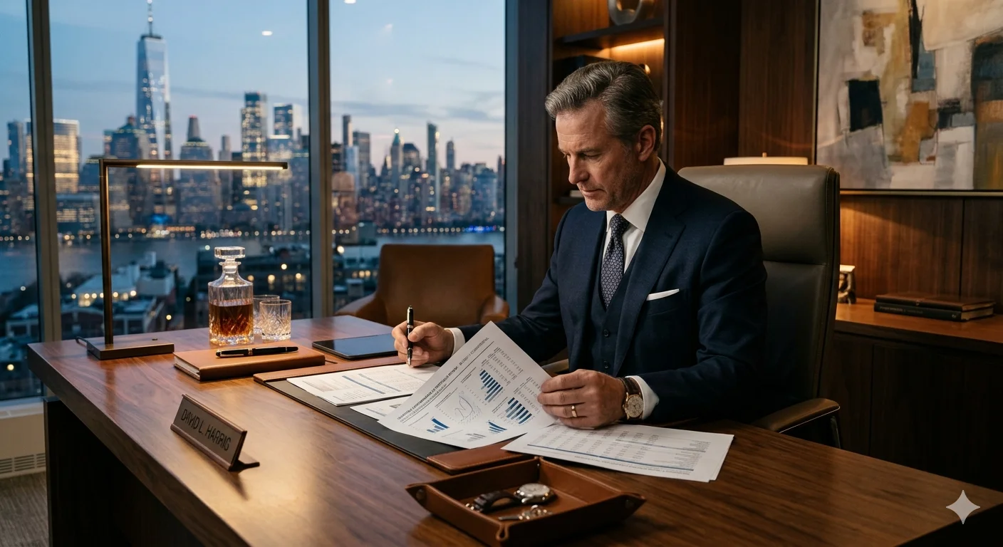 A businessman reviewing financial documents in a modern office representing don baskin net worth and private wealth growth