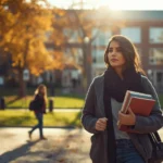 Female student walking across campus holding books, representing Hailey Chittenden WSU university search trend context.