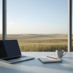 Minimal workspace with laptop, notebook, and coffee by window overlooking fields, representing research on Joe Anthony Marro