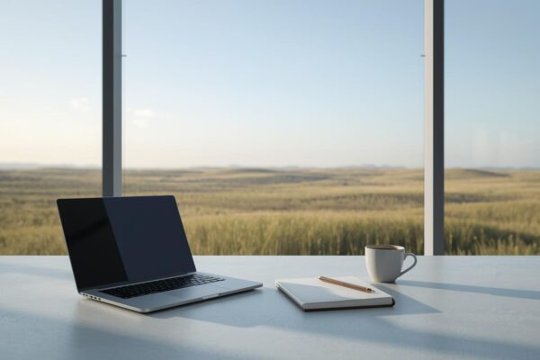 Minimal workspace with laptop, notebook, and coffee by window overlooking fields, representing research on Joe Anthony Marro