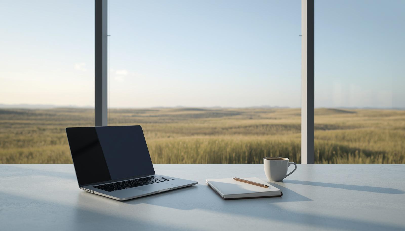 Minimal workspace with laptop, notebook, and coffee by window overlooking fields, representing research on Joe Anthony Marro