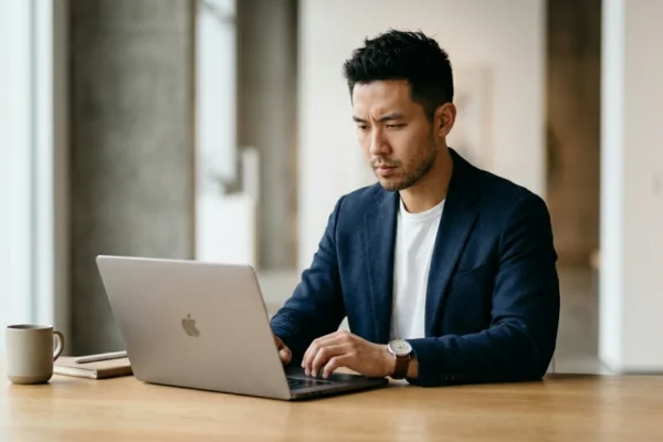John gardner ford concept image showing a professional man working in a modern office with a focused and thoughtful expression