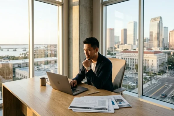 Mark piccirillo tampa concept image showing a professional man working in a modern office with a city view background