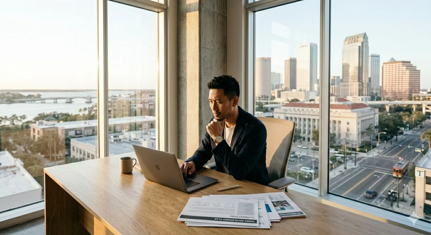 Mark piccirillo tampa concept image showing a professional man working in a modern office with a city view background