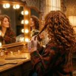 SZA red hair inspired retro hairstyle with voluminous curls, warm lighting, and rich copper tones creating a bold, stylish look