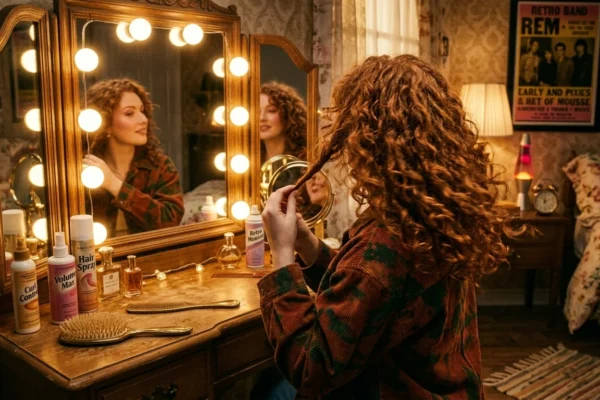 SZA red hair inspired retro hairstyle with voluminous curls, warm lighting, and rich copper tones creating a bold, stylish look