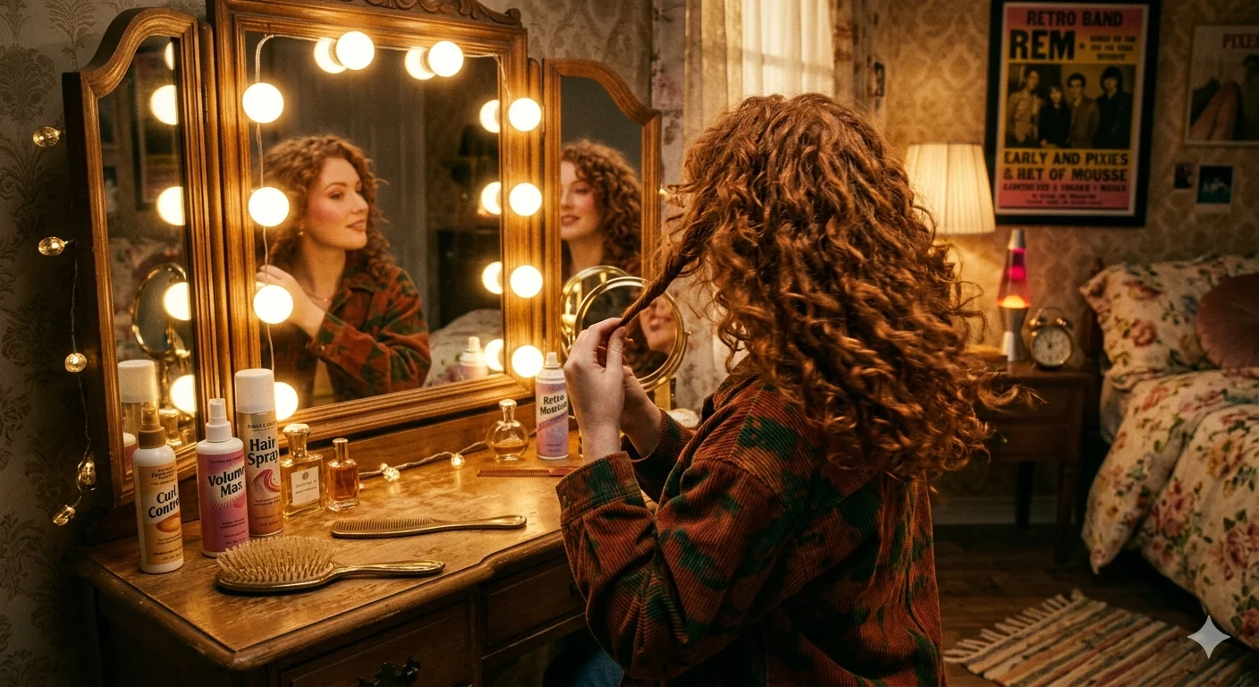 SZA red hair inspired retro hairstyle with voluminous curls, warm lighting, and rich copper tones creating a bold, stylish look
