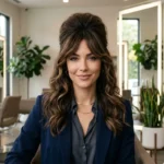 Woman creating uhaircare style beehold with soft volume and natural hold using blow dryer and brush in a modern styling setup