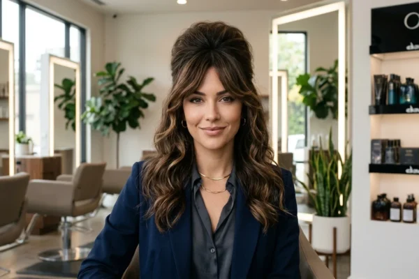 Woman creating uhaircare style beehold with soft volume and natural hold using blow dryer and brush in a modern styling setup
