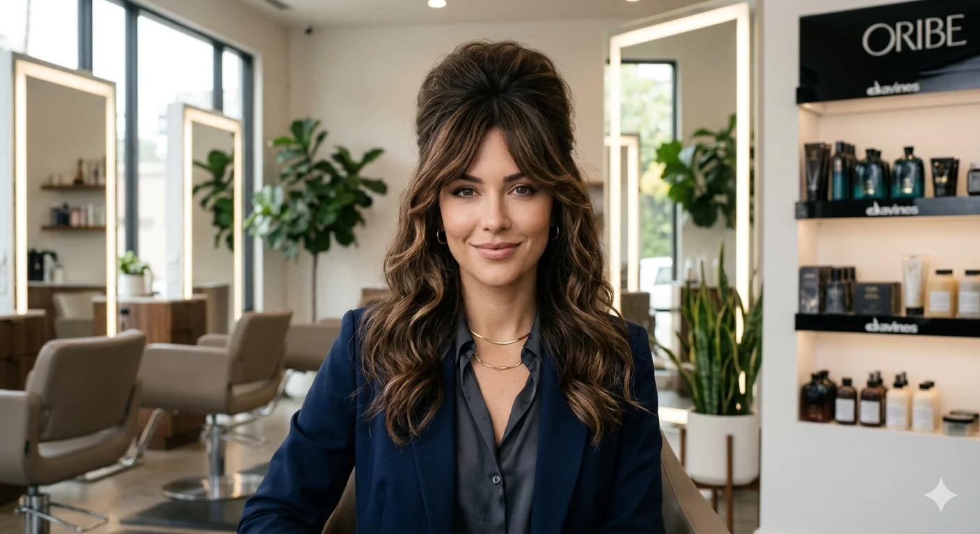Woman creating uhaircare style beehold with soft volume and natural hold using blow dryer and brush in a modern styling setup