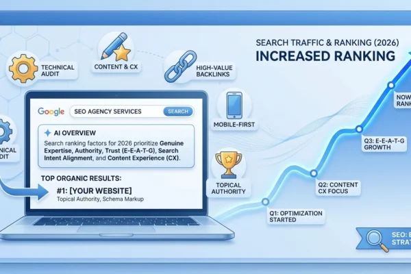 Beginner learning What Is SEO? Beginner Guide 2026 (Simple & Practical) with laptop showing search results and ranking growth concept