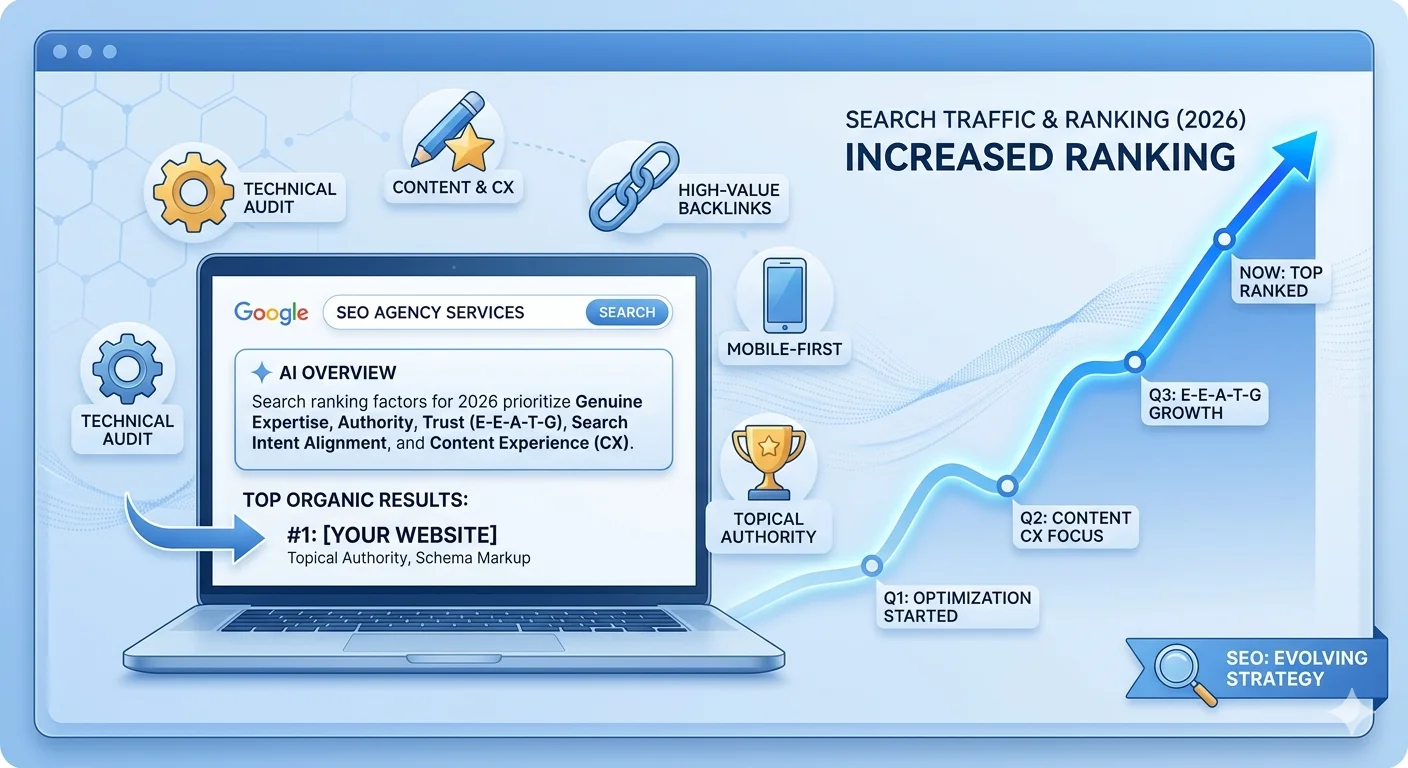 Beginner learning What Is SEO? Beginner Guide 2026 (Simple & Practical) with laptop showing search results and ranking growth concept