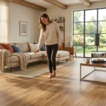 Homeowner exploring stylish laminate flooring options on bestlaminate.com in a modern living room interior.