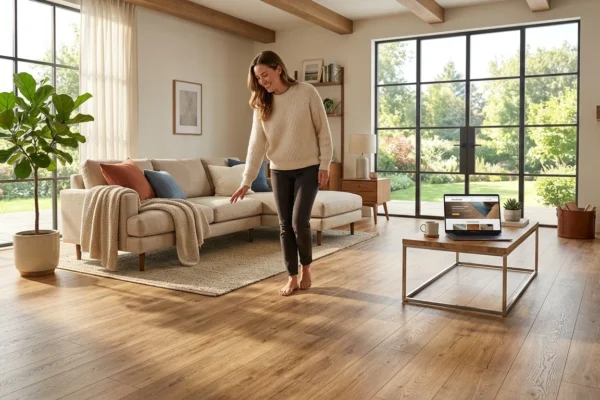 Homeowner exploring stylish laminate flooring options on bestlaminate.com in a modern living room interior.
