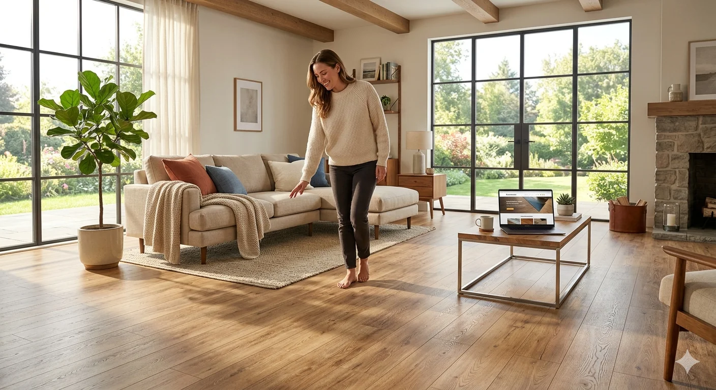Homeowner exploring stylish laminate flooring options on bestlaminate.com in a modern living room interior.