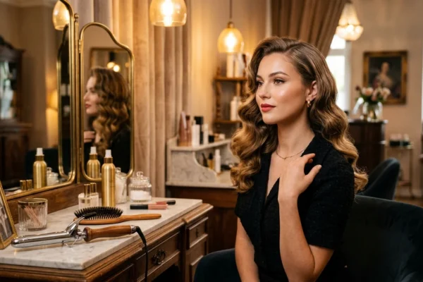 Alyssa Tisone review featuring retro hairstyle inspiration in a vintage beauty salon setting with elegant curls.