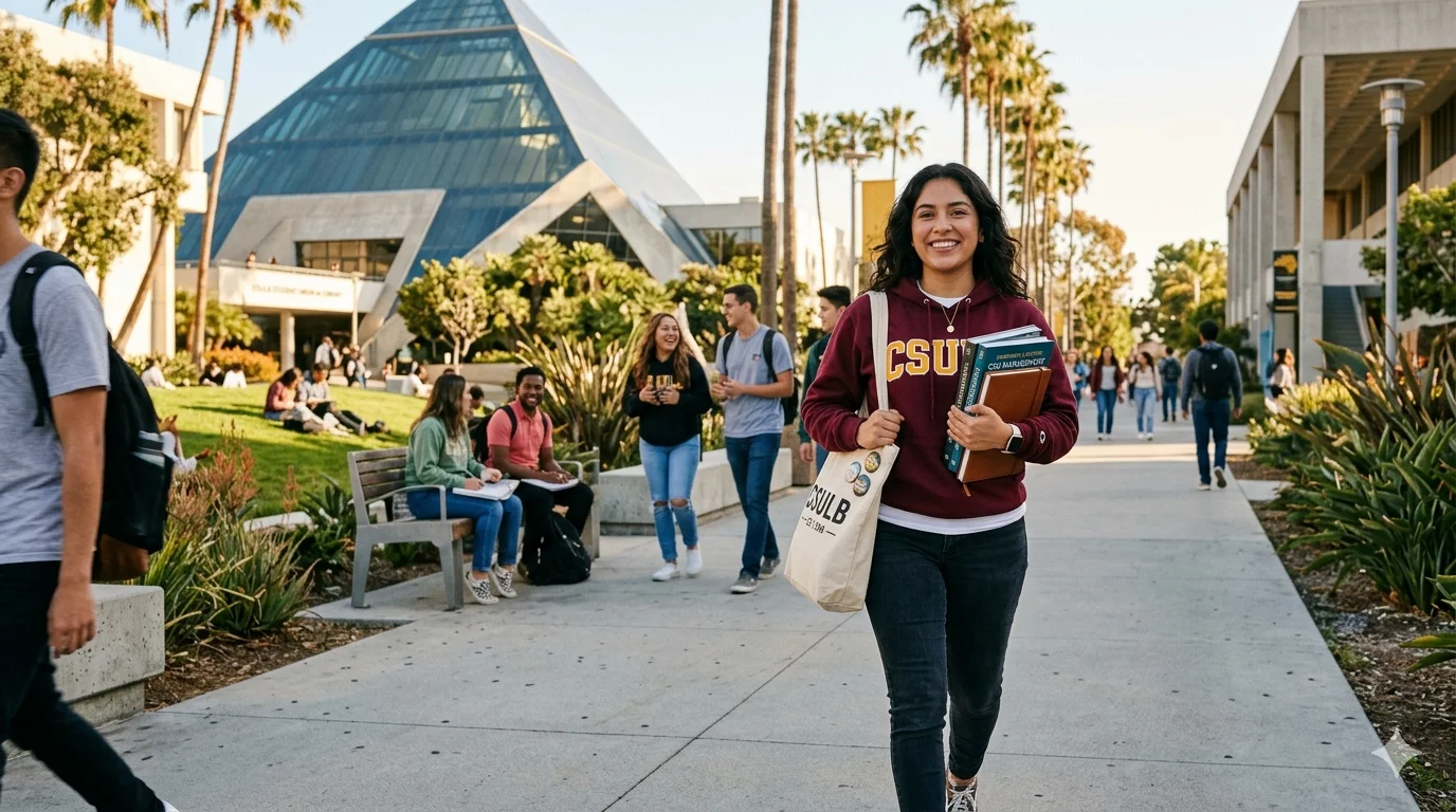 College student on campus representing april chavez csulb and modern university success culture.