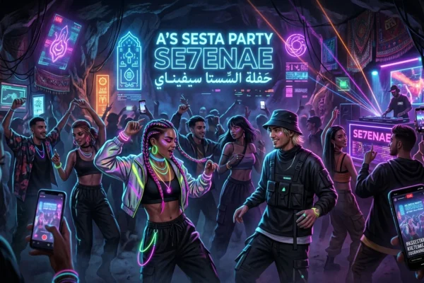 People enjoying a neon-lit event inspired by as sesta party se7enae and modern internet party culture.