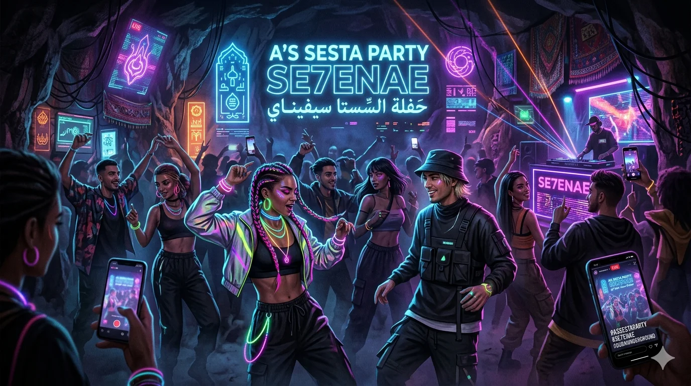 People enjoying a neon-lit event inspired by as sesta party se7enae and modern internet party culture.