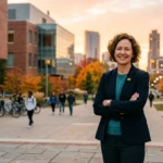 Professional portrait representing Dawn Lehman Michigan with an educational and community-focused Michigan backdrop.