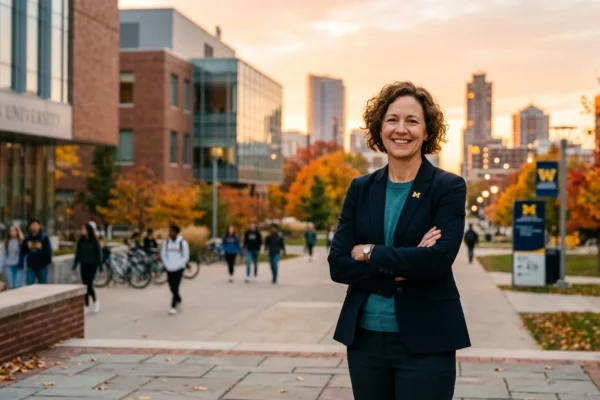 Professional portrait representing Dawn Lehman Michigan with an educational and community-focused Michigan backdrop.