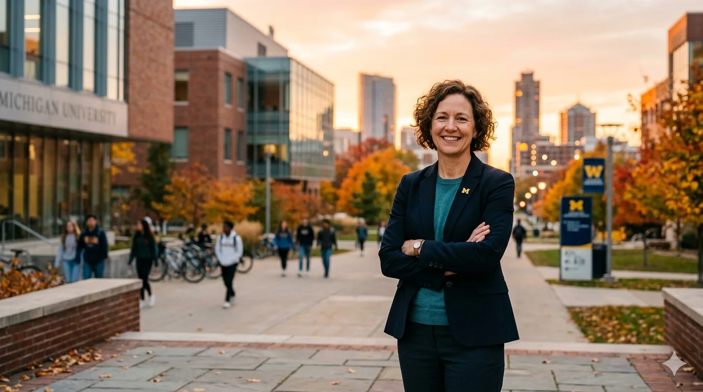 Professional portrait representing Dawn Lehman Michigan with an educational and community-focused Michigan backdrop.